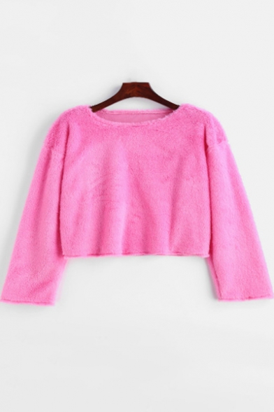 Pink Round Neck Long Sleeve Plain Cropped Fluffy Sweatshirt