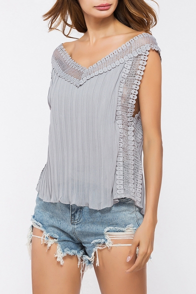 Popular Fashion Simple Plain V-Neck Chic Lace Patched Casual Loose Chiffon Blouse Top