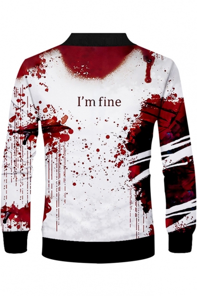 Popular Red Blood Letter I'M FINE Print Stand Collar Zipper Front White Jacket