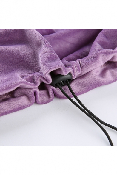 Purple High Neck Long Sleeve Plain Zip Patched Drawstring Velvet Cropped Sweatshirt