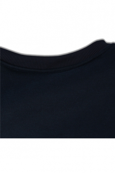 Simple Cool Letter WHY Pattern Round Neck Long Sleeve Dark Blue Crop Sweatshirt