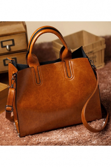 Simple Fashion Plain Large Capacity Waxed Leather Work Satchel Shoulder Bag for Women 32*27*12 CM