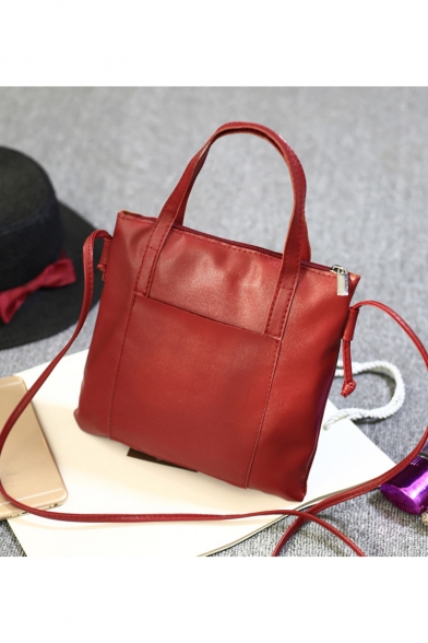 Simple Fashion Solid Color PU Leather Satchel Shoulder Bag with Strap