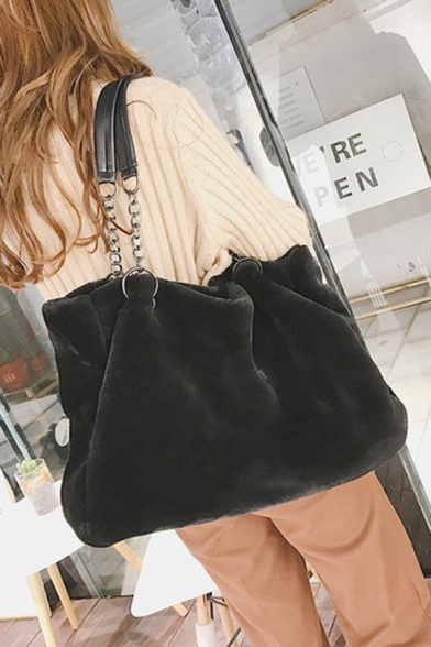 Stylish Solid Color Large Capacity Plush Shoulder Tote Bag for Women 45*18*14 CM