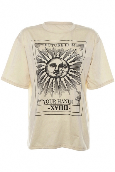 Summer Cool Unique Funny Cartoon Sun and Moon Print Apricot Casual Tee