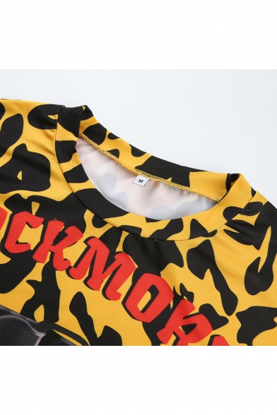 Summer Cool Yellow Camo Letter ROCK MORE Printed Round Neck Short Sleeve Crop T-Shirt