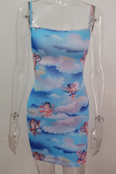 Summer Fashion Cute Angel Baby Printed Crisscross Back Mini Blue Bodycon Slip Dress