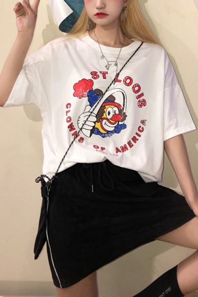 Summer Funny Letter Clown Pattern Round Neck Casual Loose T-Shirt