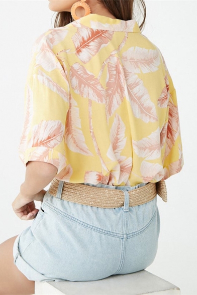 Summer Holiday Tropical Leaf Print Lapel Collar Short Sleeve Casual Button Beach Camp Shirt