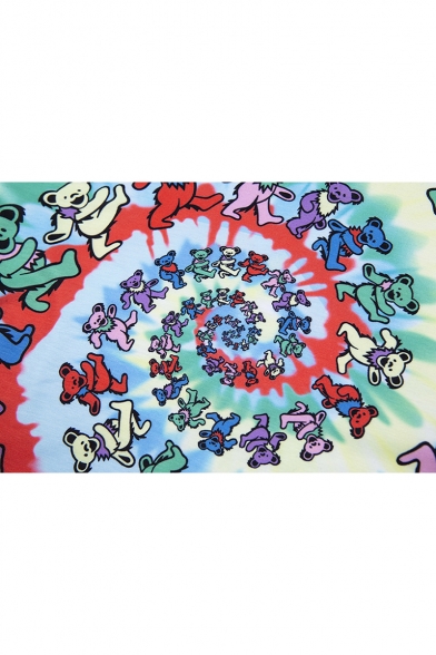 Summer Lovely Round Neck Short Sleeve Tie Dye Cartoon Bear Whirlpool Print Cropped Tee