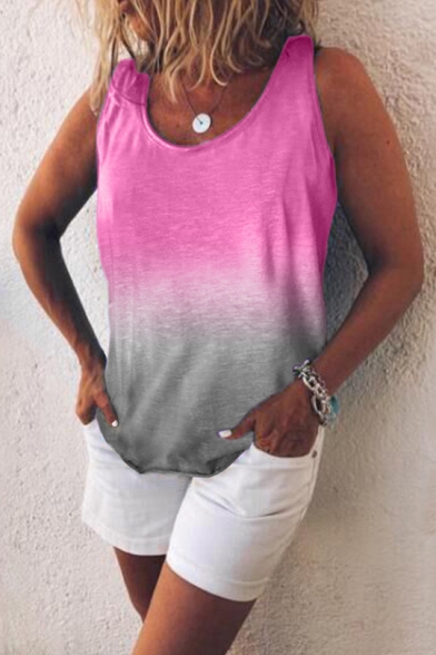 Summer Popular Ombre Color Simple Plain Sleeveless Casual Loose Tank Top