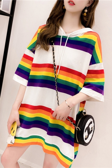 Summer Trendy Colorful Striped Printed Hooded Longline Casual T-Shirt for Girls