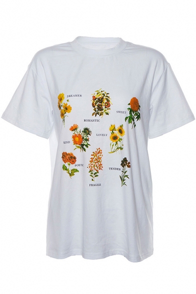 SWEET Letter Floral Print White Round Neck Short Sleeve Graphic Tee
