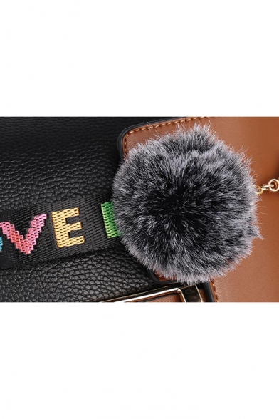 Trendy Color Block Letter Ribbon Plush Ball Embellishment Buckle Satchel Handbag 27*10*22 CM