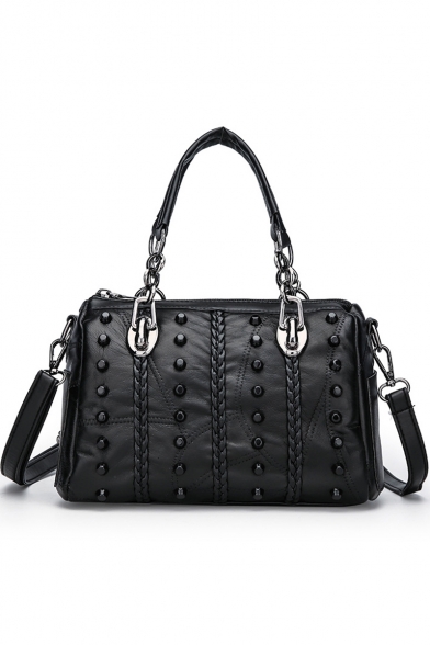 Trendy Solid Color Rivet Embellishment Black Leather Satchel Handbag Shoulder Bag 26*12*16 CM