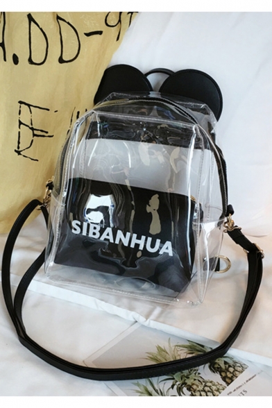 Unique SIBANHUA Letter Print Cartoon Ear Embellished Transparent Multifunction Shoulder Bag Backpack 26*21*10 CM