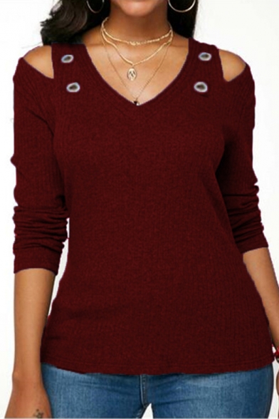 Women's Cold Shoulder V Neck Plain Long Sleeve Grommet T-Shirt