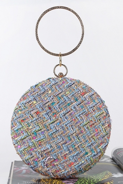 Women's Elegant Plaid Pattern Rhinestone Embellishment Round Handle Clutch Handbag 18*5.5*18 CM