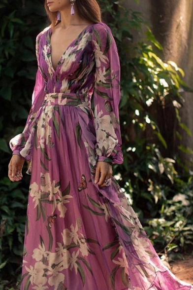Women's Elegant V-Neck Long Sleeve Floral Printed Length Floor Swing Purple Dress