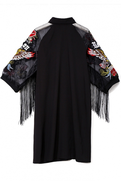 Women's Fashion Lapel Collar Half Sleeve Embroidered Floral Print Button-Front Tessel Hem Midi Black Shirt Dress