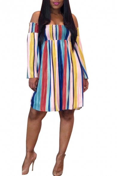 Women's Fashion Stripes Printed Off The Shoulder Long Sleeve Pleated Detail Mini Dress
