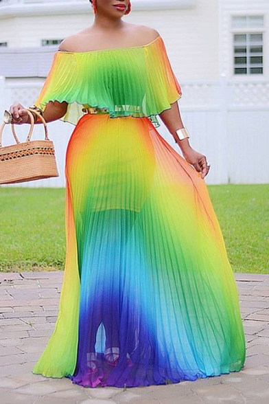 Women's Hot Fashion Off The Shoulder Half Sleeve Ombre Printed Maxi Pleated Dress