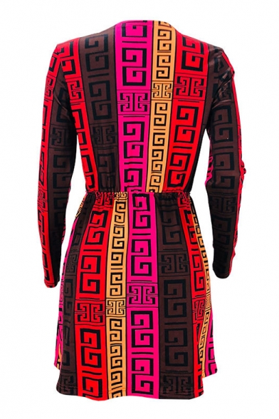 Women's Tribal Print Plunge Neck Long Sleeve Split Mini A-Line Dress