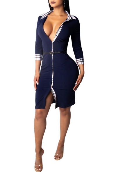 Women's New Trendy Plaid Patched V Neck 3/4 Sleeve Belt Waist Mini Bodycon Slit Dress