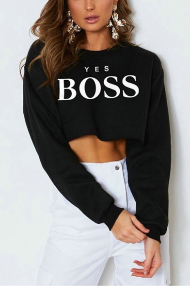 Women's Simple Cool Letter YES BOSS Printed Round Neck Long Sleeve Cropped Sweatshirt