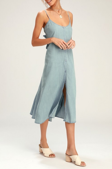 Women's Style Bow Backless Spaghetti Strap Sleeveless Plain Button-Front Midi Cami Denim Dress