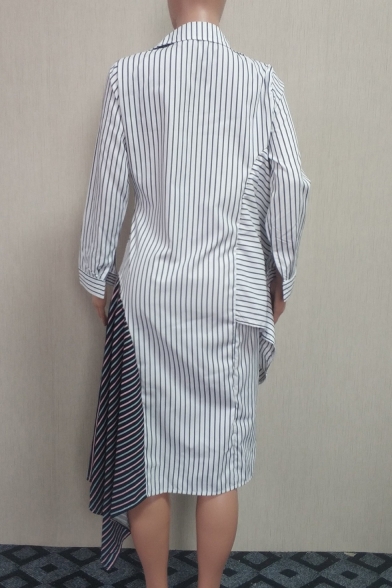 Women's Stylish Stripes Long Sleeve Lapel Collar Asymmetric Hem Midi Shirt White Dress