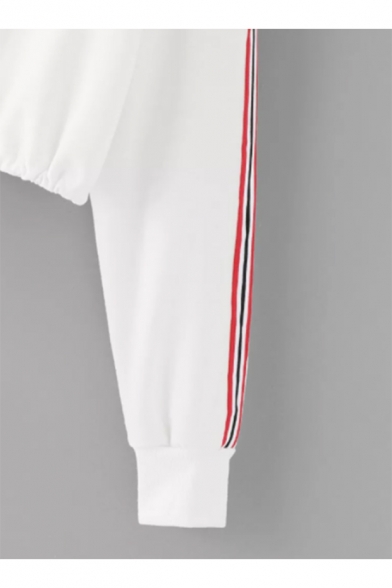 Women's Tape Striped Print Long Sleeve Drawstring Hem White Crop Sweatshirt
