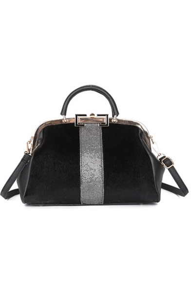 Women's Trendy Plain Rhinestone Embellishment Black Satchel Shoulder Handbag 30*10*20 CM