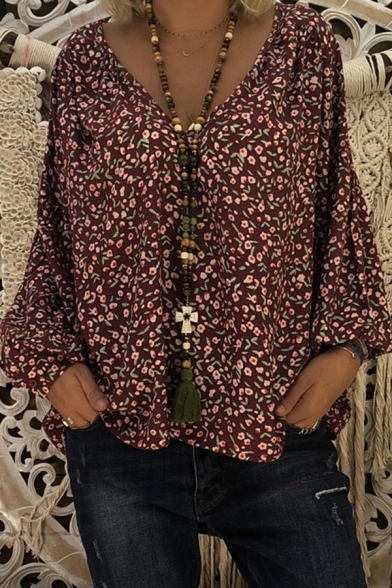 Women's V Neck Bubble Sleeve Floral Print Loose Tee
