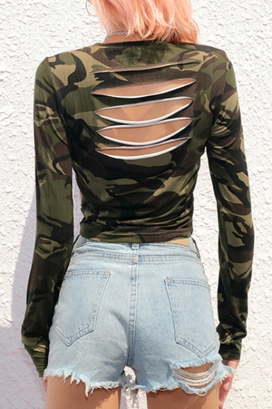 Womens Hot Popular Camo Printed Round Neck Long Sleeve Hollow Out Back Cropped T-Shirt
