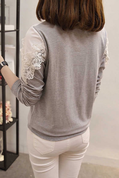 Womens Lace Patchwork Colorblock Round Neck Long Sleeve Sweatshirt