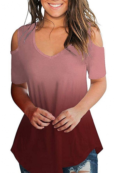 Womens New Stylish Ombre Color V-Neck Cold Shoulder Short Sleeve Fitted T-Shirt