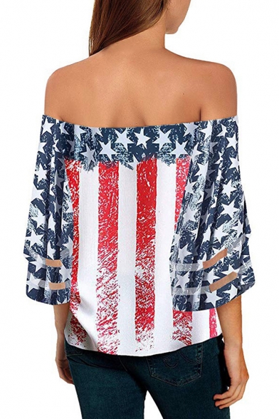 Womens Sexy Off the Shoulder Mesh Patched Sleeve American Flag Print Casual Loose T-Shirt