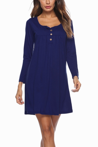 Womens Simple Plain Scoop Neck Long Sleeve Button Front Mini Pleated Casual Dress