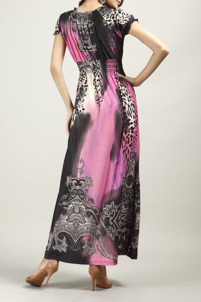Womens Summer Fashion Printed Chic V-Neck Short Sleeve Maxi Silk Bohemian Dress