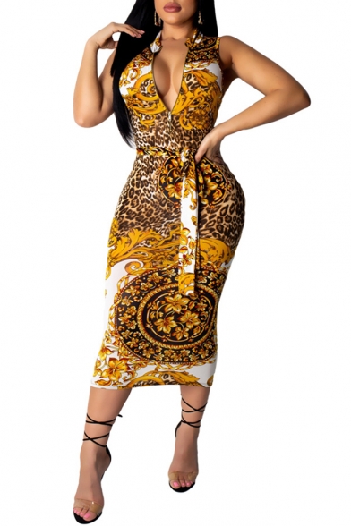 Yellow Leopard Tribal Printed Zip Front Plunge Neck Sleeveless Bow Tie Midi Pencil Dress
