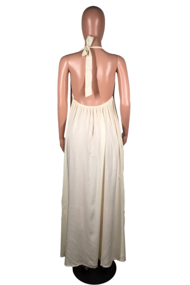Basic Simple Plain Halter Neck Sleeveless Backless Midi Slip Dress for Women
