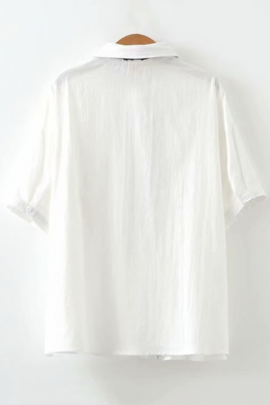 Cartoon Bear Embroidery Pocket Short Sleeve White Casual Loose Shirt