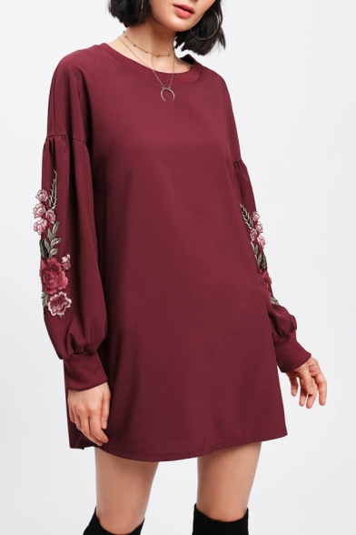 Chic Floral Embroidery Balloon Long Sleeve Round Neck Loose Leisure Tunic Sweatshirt