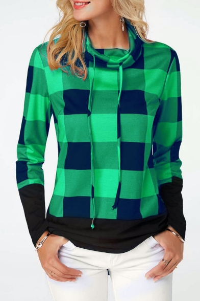 Classic Colorblock Plaid Pattern Drawstring Cowl Neck Long Sleeve Sweatshirt