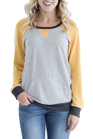 Colorblock Round Neck Raglan Patchwork Sleeve Casual Pocket Sweatshirt