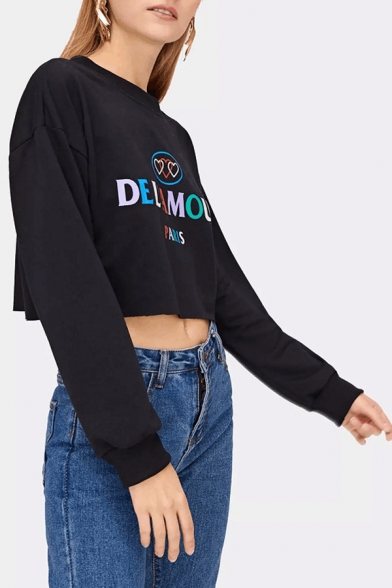 Colorful Heart Letter DEL AMOUR Printed Round Neck Long Sleeve Black Cropped Sweatshirt