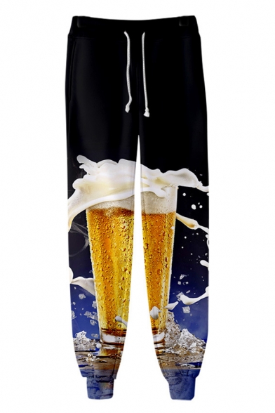 Cool 3D Beer Print Drawstring Waist Guys Cotton Loose Pants Sweatpants
