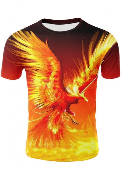 Cool 3D Fire Phoenix Printed Round Neck Short Sleeve Red Regular Fit T-Shirt