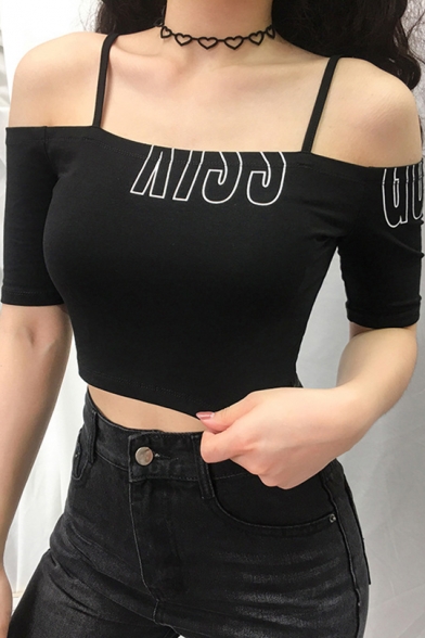 Cool Cut Letter Print Cold Shoulder Short Sleeve Black Crop Slim Fit T-Shirt
